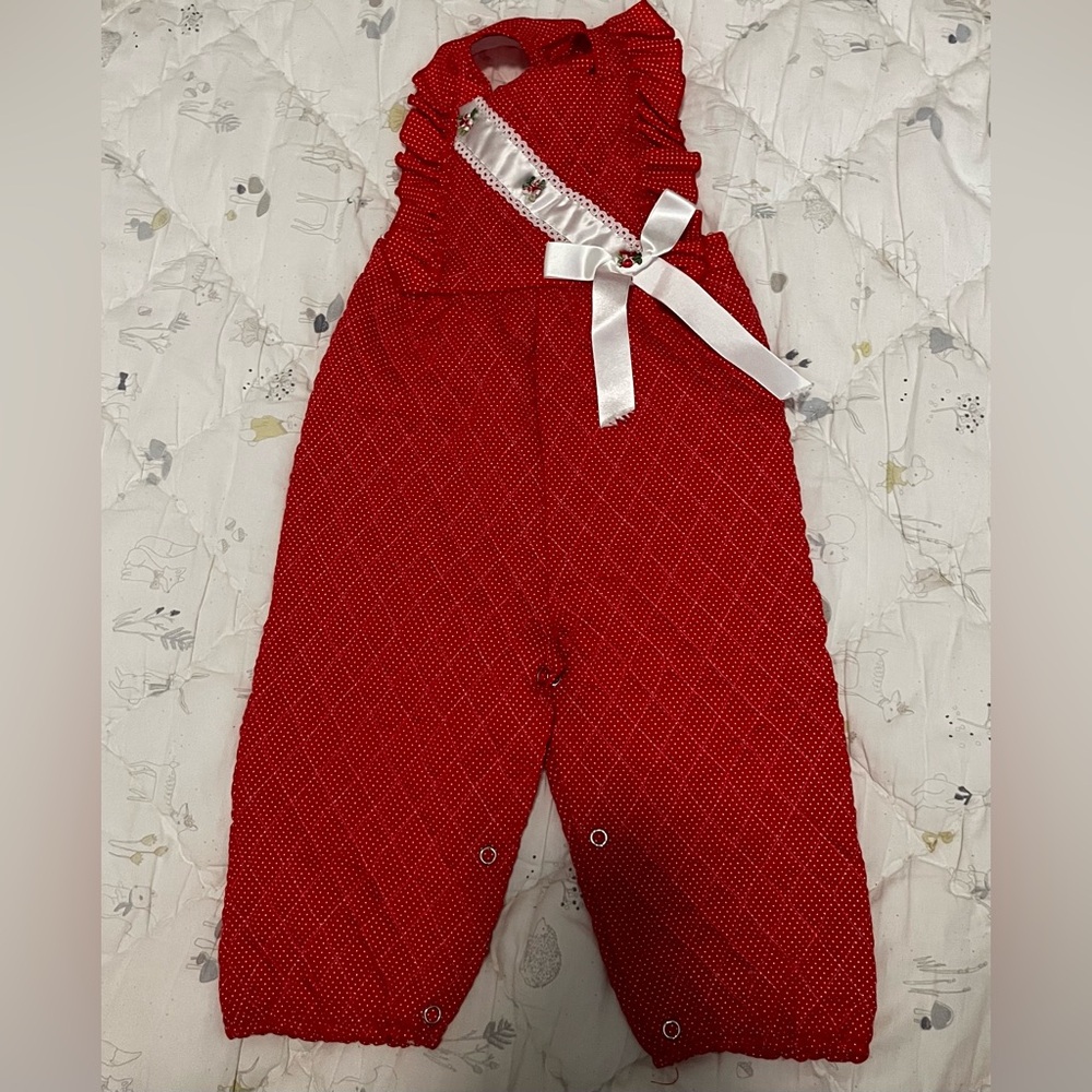 Red Kids Overalls Jumpsuit with Bow Accent